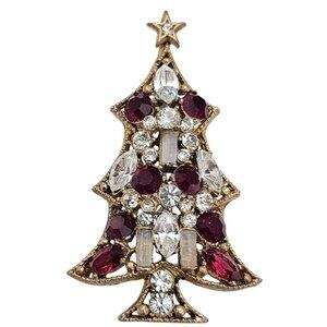 Regency Gold Tone Red Clear Rhinestone Christmas Tree Brooch Signed, J5